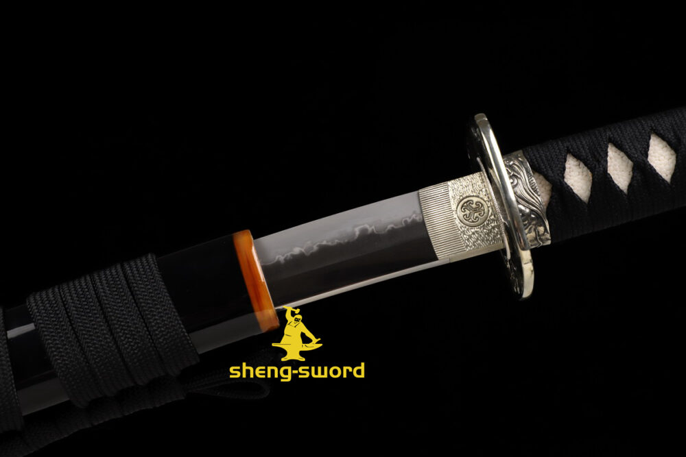 HandMade Japanese Samurai Katana Clay Tempered Choji Hamon Sword Silver Dragon Tsuba