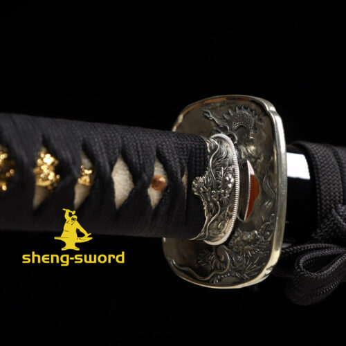 HandMade Japanese Samurai Katana Clay Tempered Choji Hamon Sword Silver Dragon Tsuba