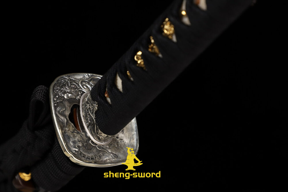 HandMade Japanese Samurai Katana Clay Tempered Choji Hamon Sword Silver Dragon Tsuba