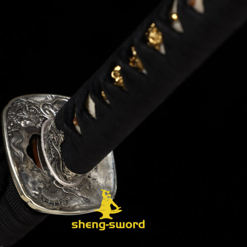 HandMade Japanese Samurai Katana Clay Tempered Choji Hamon Sword Silver Dragon Tsuba