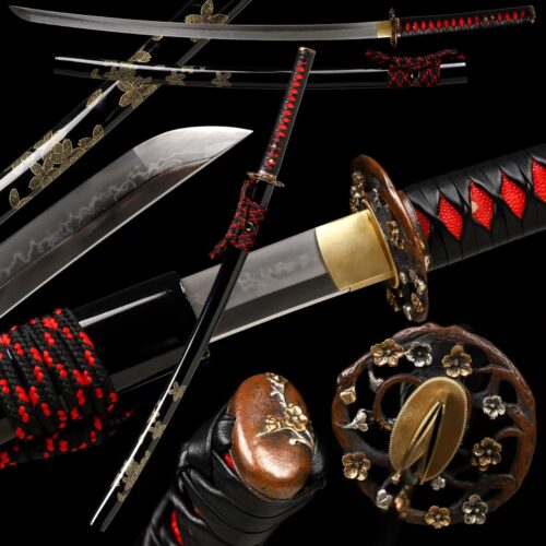HandMade Japanese Shineken Katana Clay Tempered Choji Hamon Sword Plum Blossom Tsuba