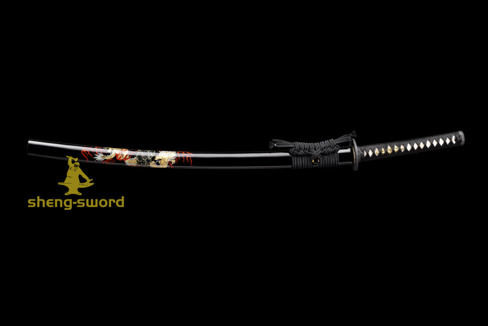 HandMade Japanese Samurai Katana Clay Tempered Choji Hamon Sword Black Dragon Tsuba