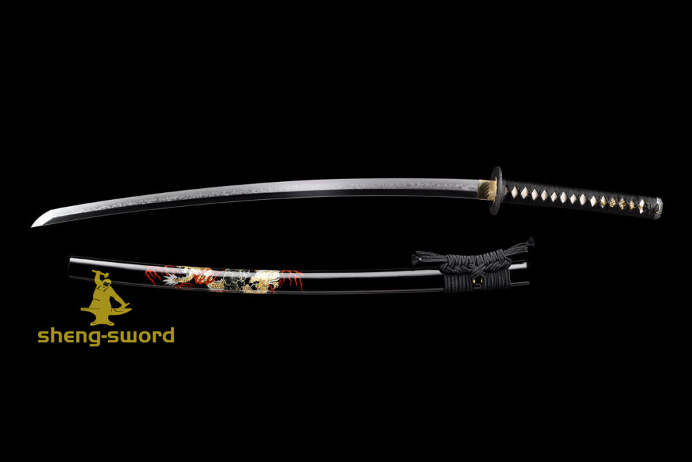 HandMade Japanese Samurai Katana Clay Tempered Choji Hamon Sword Black Dragon Tsuba