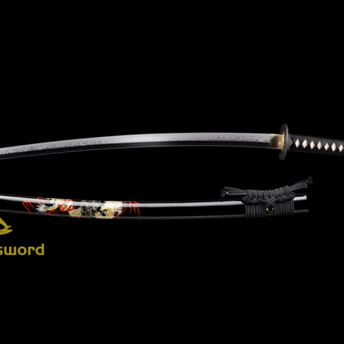 HandMade Japanese Samurai Katana Clay Tempered Choji Hamon Sword Black Dragon Tsuba