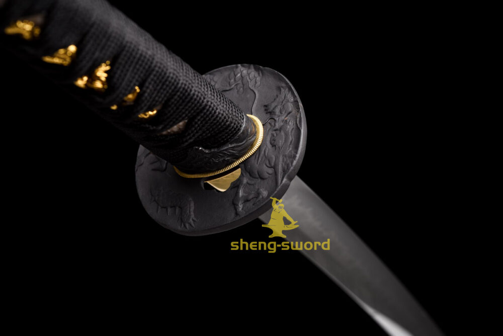 HandMade Japanese Samurai Katana Clay Tempered Choji Hamon Sword Black Dragon Tsuba