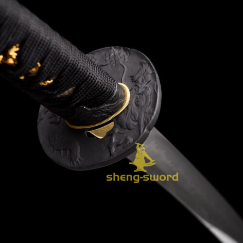 HandMade Japanese Samurai Katana Clay Tempered Choji Hamon Sword Black Dragon Tsuba