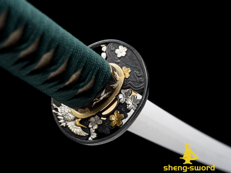 HandMade Japanese Samurai Katana Clay Tempered Choji Hamon Sword Crane&Sakura Tsuba