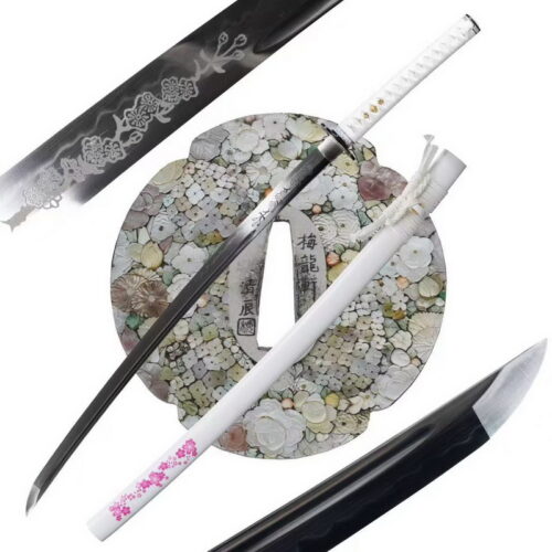 sakura101 Handmade japanese samurai katana Sakura tsuba clay tempered t-10 steel full tang sword