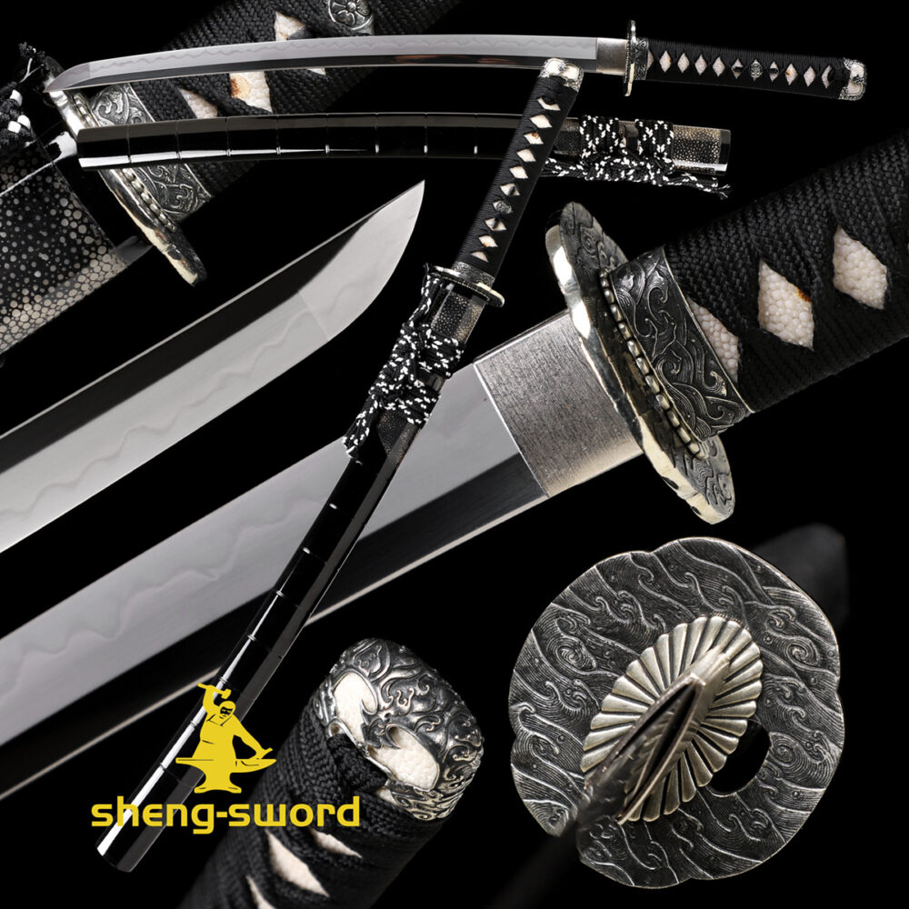 HIGO Silver tsunami japanese wakizashi katana clay tempered gunomi hamon sword