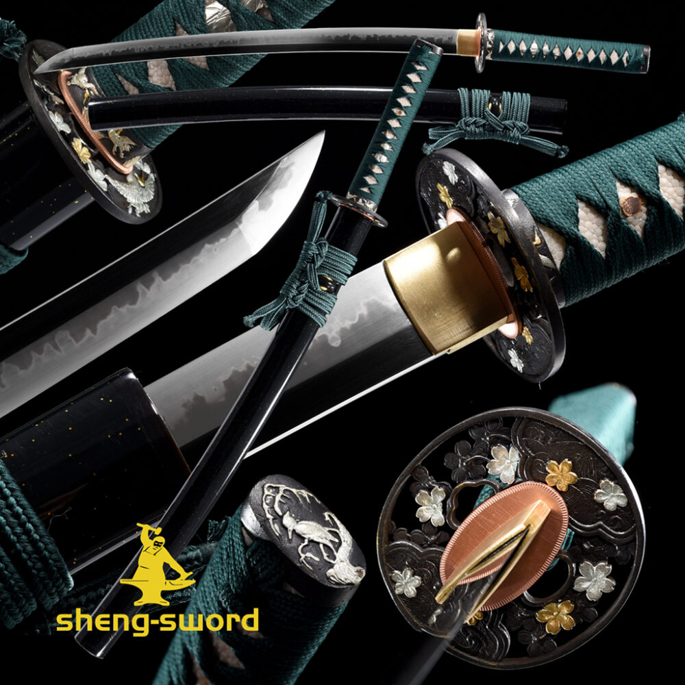 Japanese wakizashi Katana Clay Tempered Choji Hamon Sword Crane/Sakura Tsuba